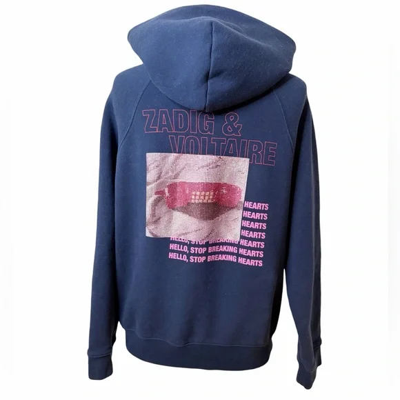 ZADIG & VOLTAIRE THE GEORY TELEPHONE EMBELLISHED COTTON GRAPHIC HOODIE. - Picture 3 of 10